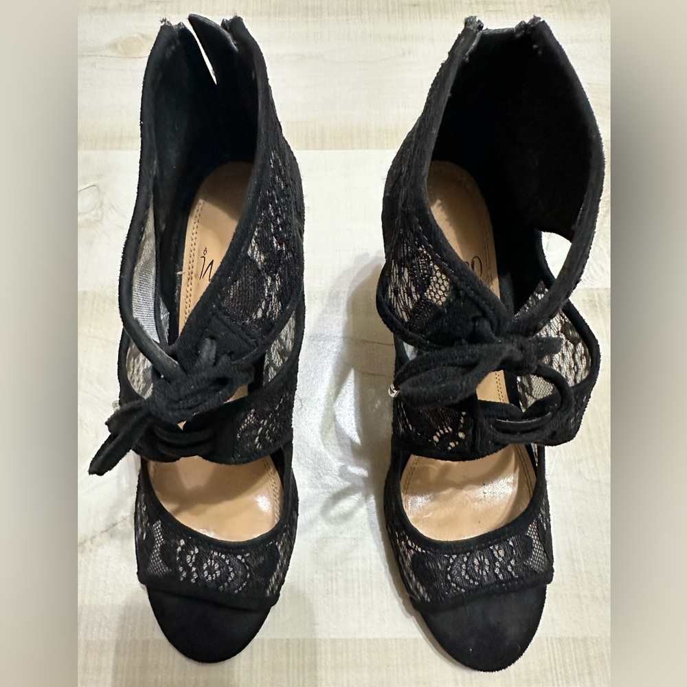 Black Lace Romantic Peep Toe Heel - Worn once with dress previously listed.